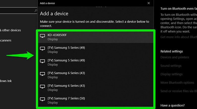 Lựa chọn tên tivi nhà bạn để kết nối laptop với tivi Sony qua wifi