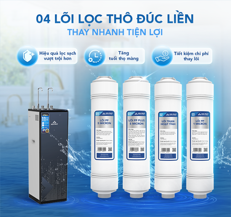 Máy lọc nước RO nóng lạnh Hòa Phát HPN666 lõi lọc thô đúc liền