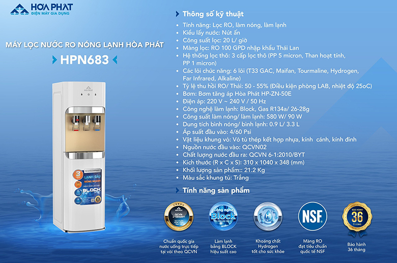Máy lọc nước RO nóng lạnh Hòa Phát HPN683