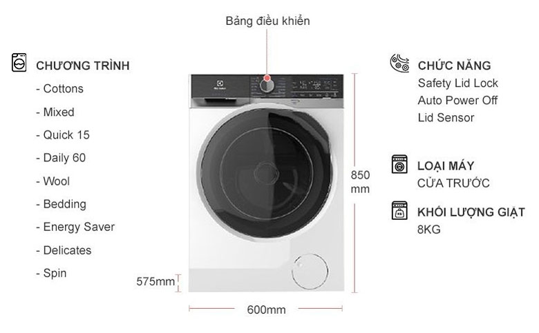 Kích thước Máy giặt sấy Electrolux Inverter 8 kg EWW8023AEWA