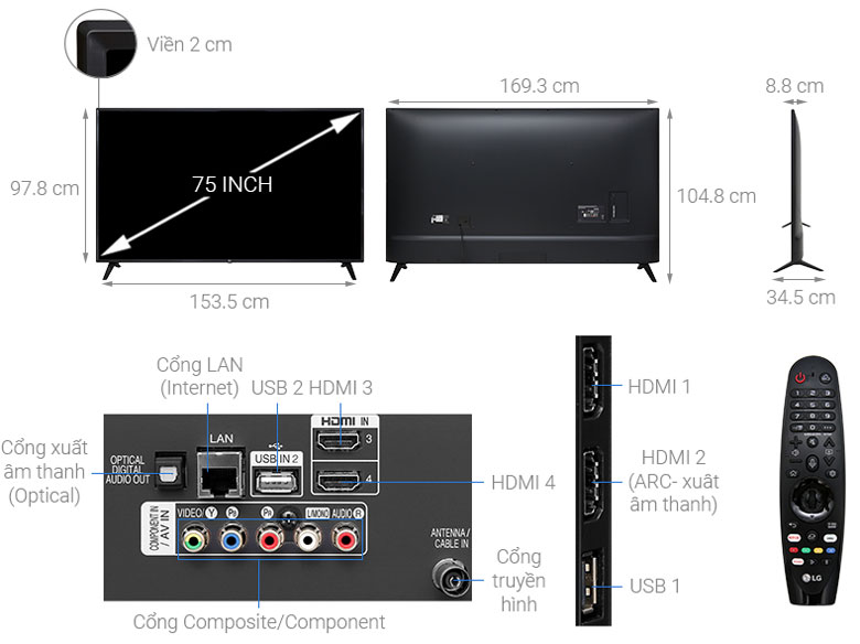 Kích thước Tivi LG 75UM7500PTA