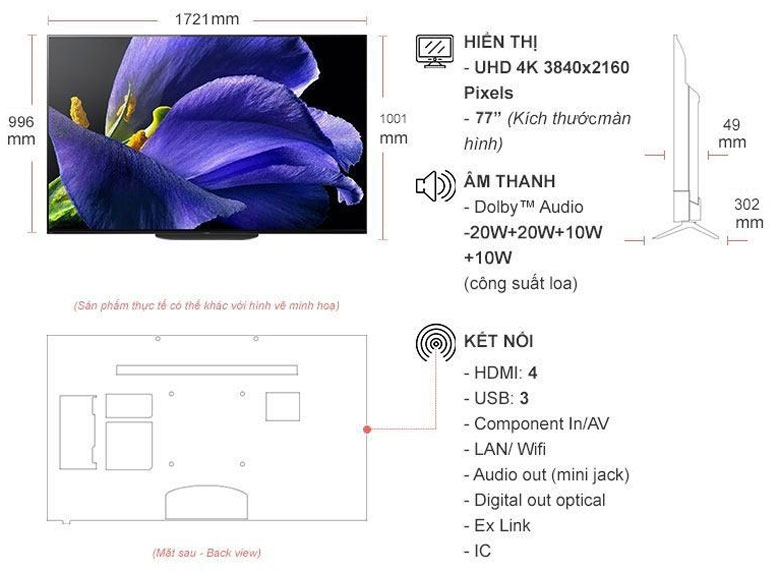 Kích thước tivi Sony 77A9G