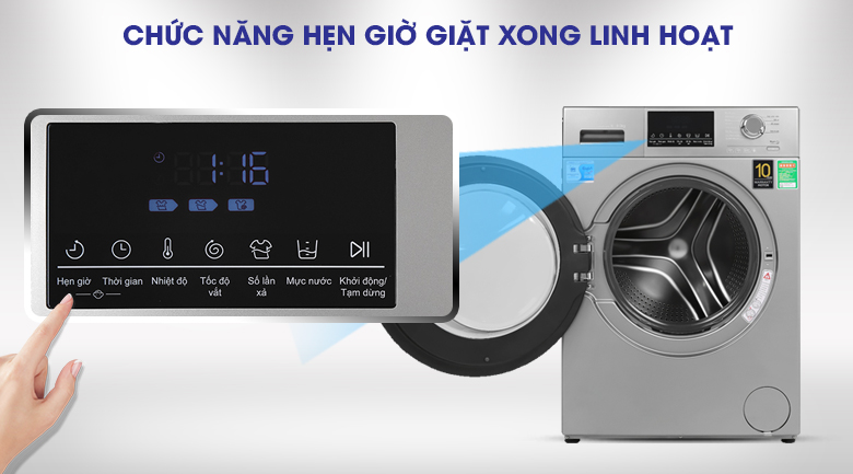 Hẹn giờ giặt xong-Máy giặt Aqua Inverter 9 kg AQD-D900F S lồng ngang