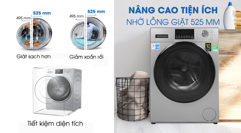 Lồng giặt 525mm-Máy giặt Aqua Inverter 9 kg AQD-D900F S lồng ngang
