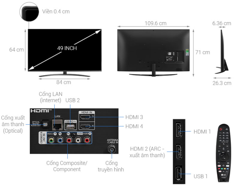 Kích thước Smart tivi NanoCell LG 49NANO81TNA 4K 49 inch