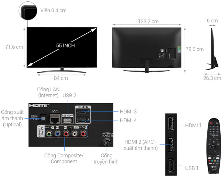 Kích thước tivi Nanocell LG 4K 55 inch 55NANO81TNA