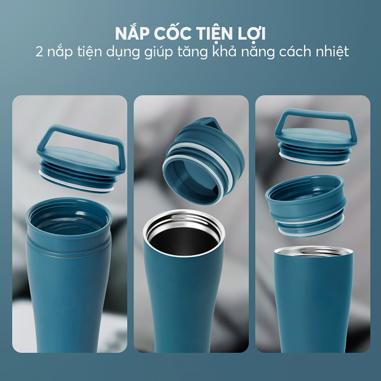Cốc giữ nhiệt Elmich inox 304 600ml EL8374SB - Sở hữu 2 nắp tiện lợi
