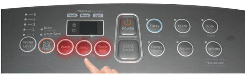 Nhấn nút "Wash" (Giặt)/"Rinse" (Xả)/"Spin" (Vắt) để kích hoạt chương trình riêng
