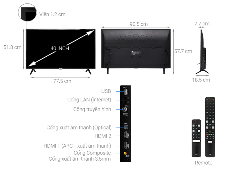 Kích thước - Android Tivi TCL 40 inch L40S6500
