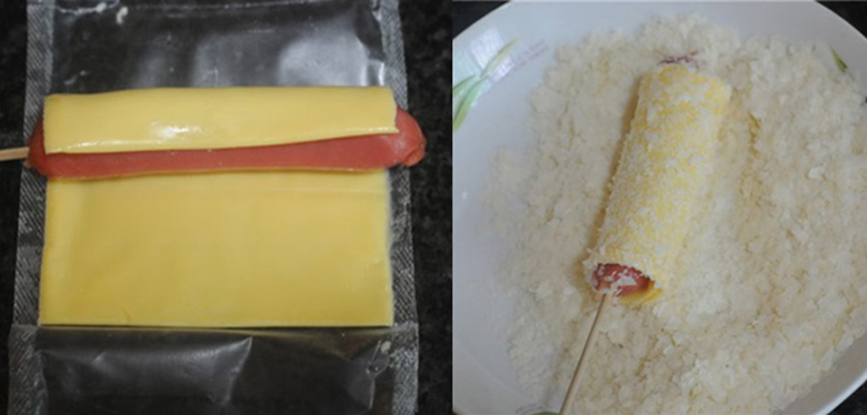 Sau đó cuộn từng miếng phô mai bên ngoài xúc xích 