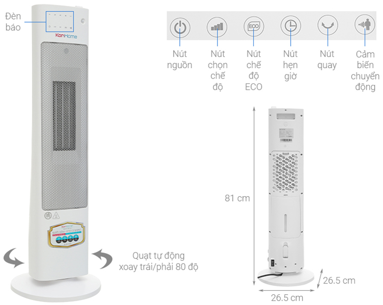 kích thước Máy sưởi Korihome EHK-368