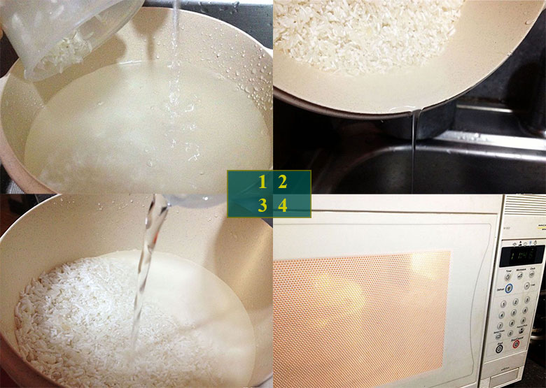 Thực hiện nồi nấu cơm trong lò vi sóng theo các công đoạn như trên hình