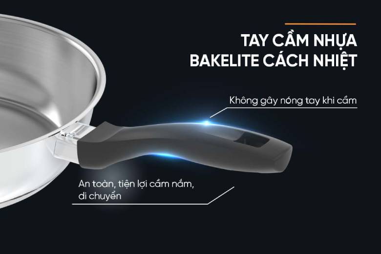  Chảo inox Impact Sunhouse ECO IN26M3 - Tay cầm Bakelite an toàn, tiện lợi khi sử dụng