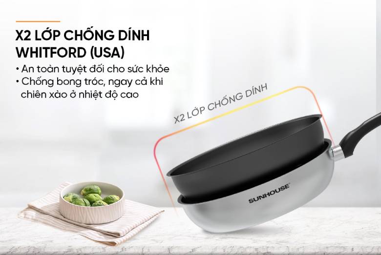 Chảo Inox nguyên khối Sunhouse Mama Desire DE26M - Lớp chống dính Whitford 3 lớp an toàn, hiệu quả