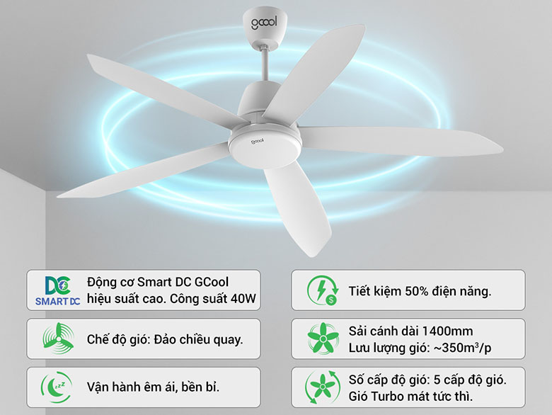 Thiết kế hiện đại - Quạt trần Gcool Smart DC Copter 05 RL (Trắng ngà)