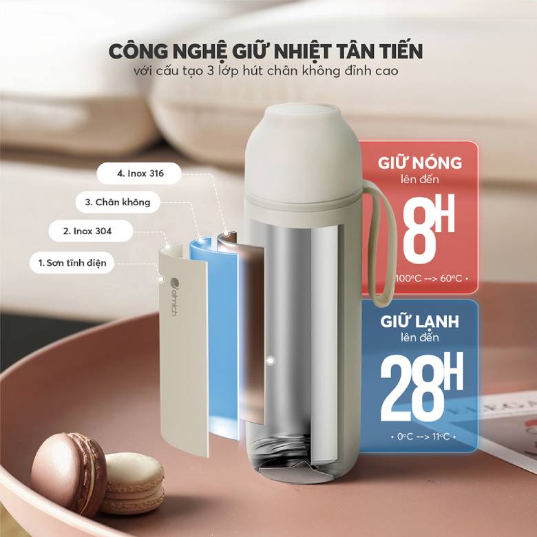  Bình giữ nhiệt inox 500 ml Elmich EL8306WH màu trắng - Giữ nhiệt vượt trội lên đến 28 giờ