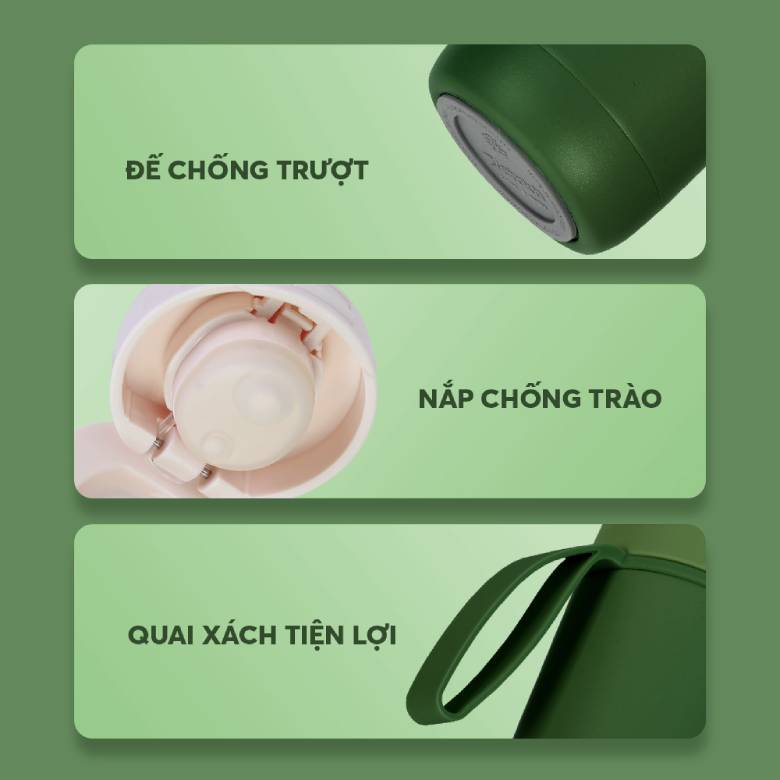 Bình giữ nhiệt inox 500 ml Elmich EL8306OV màu xanh lá - Đế Silicone chống trơn trượt, giảm tiếng ồn