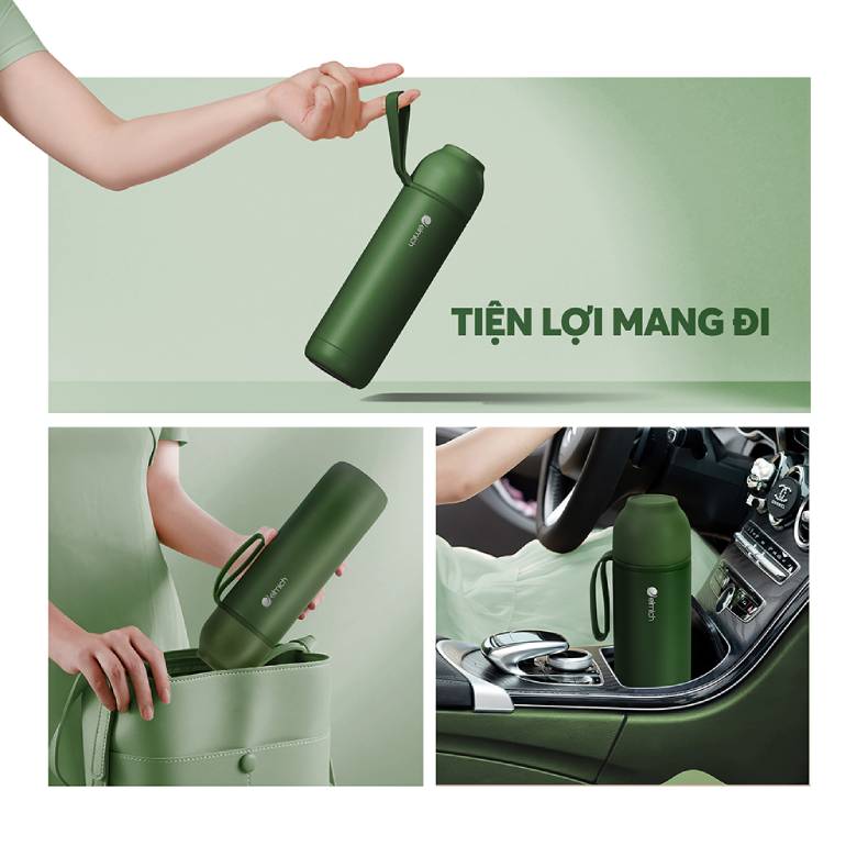 Bình giữ nhiệt inox 500 ml Elmich EL8306OV màu xanh lá - Dễ mang theo mọi nơi với quai xách tiện lợi