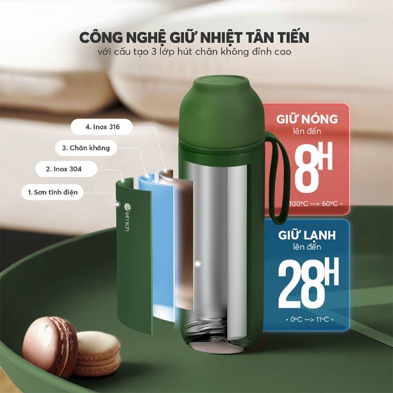 Bình giữ nhiệt inox 500 ml Elmich EL8306OV màu xanh lá - Giữ nhiệt vượt trội lên đến 28 giờ