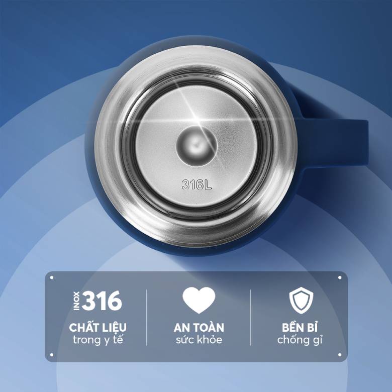  Bình giữ nhiệt inox 500 ml Elmich EL8306NB màu xanh navy - Chất liệu inox 316 an toàn chuẩn Châu Âu