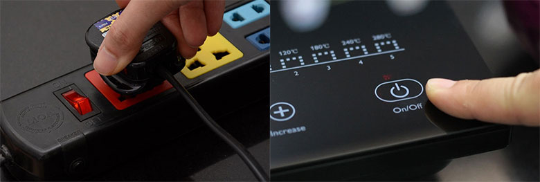 Cách sử dụng bếp từ Sunhouse sử dụng ổ cắm và ON/OFF để mở bếp