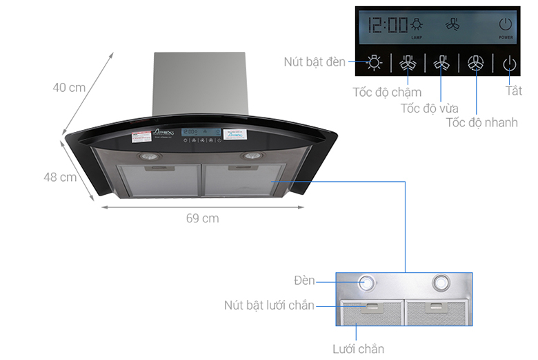 Kích thước máy hút mùi kính cong Apex APB6680-70C