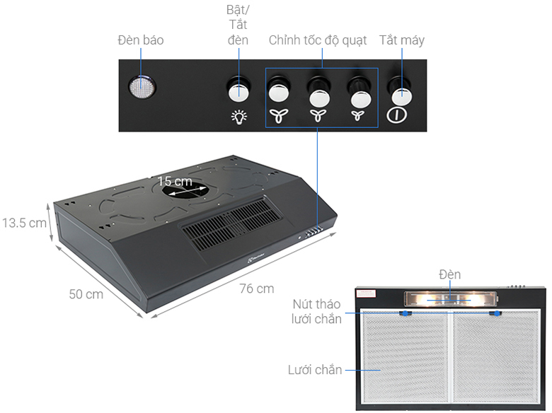Kích thước máy hút mùi âm tủ Electrolux EFT7516K