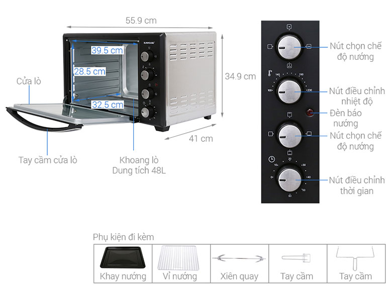 Lò nướng điện Sunhouse SHD4248S 48 lít chi tiết các thông số
