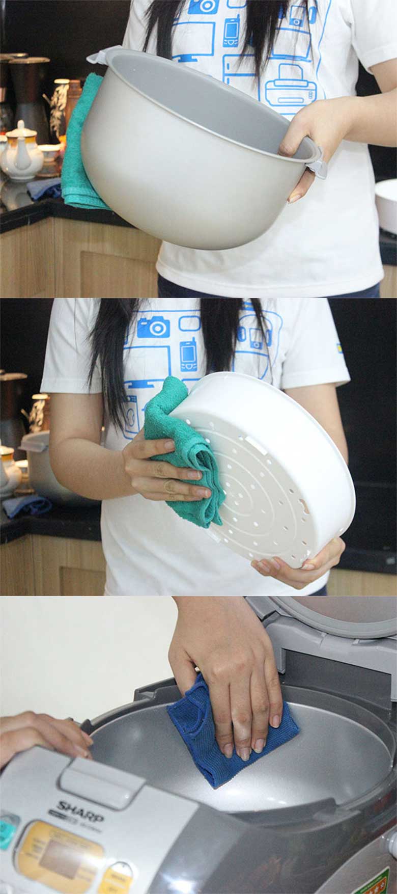 Cách vệ sinh nồi cơm điện rửa lau khô bằng khăn khi rửa nồi bên trong và đồ hấp