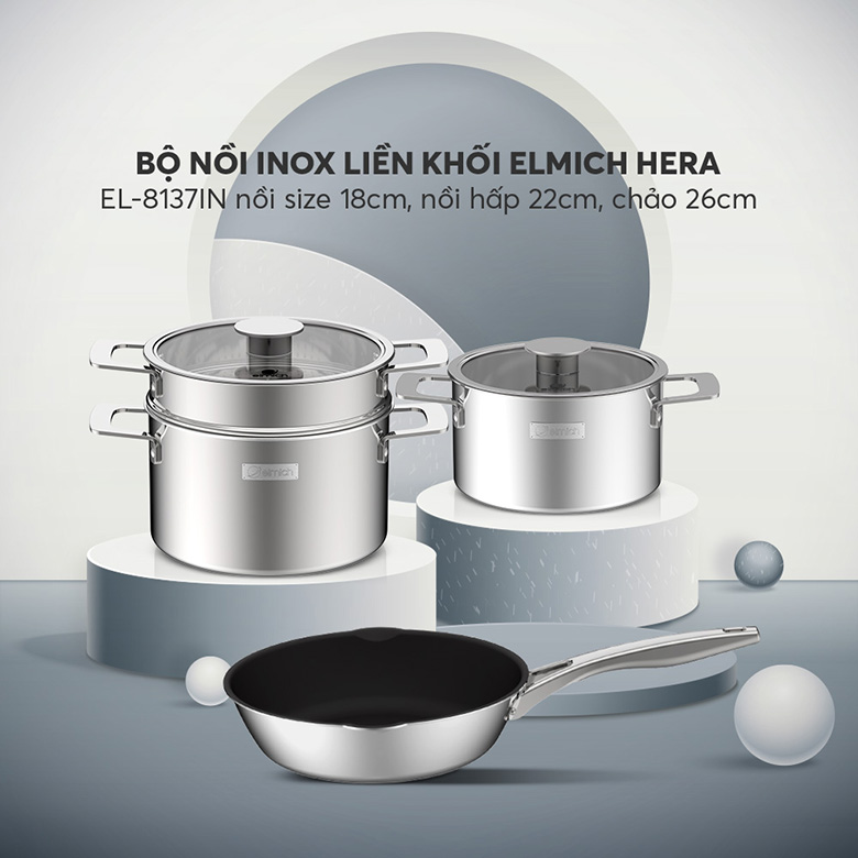 Thiết kế tinh tế - Bộ nồi inox liền khối Elmich Hera EL-8137IN size 18, nồi hấp 22, chảo 26cm
