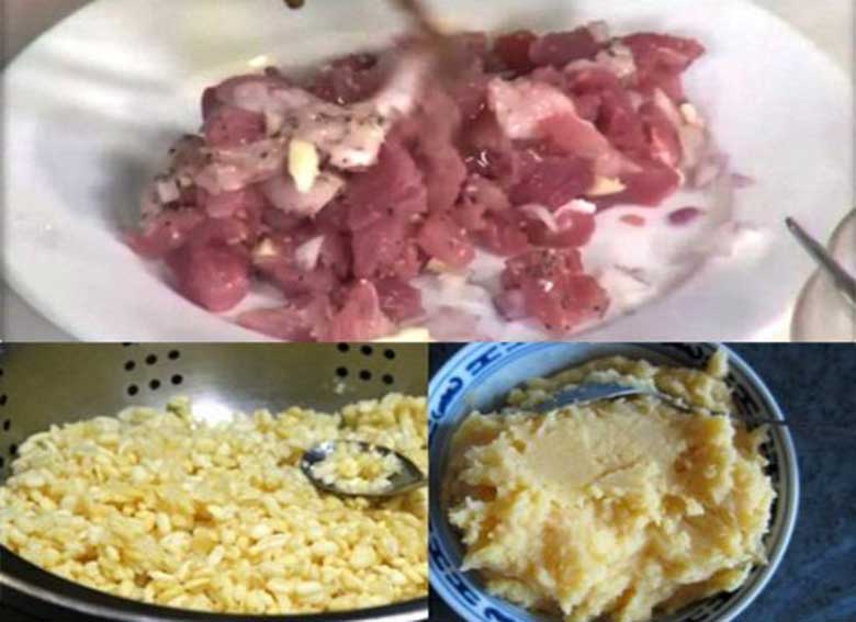 Cách nấu xôi khúc bằng nồi cơm điện khi sơ chế nguyên liệu: đậu, thịt