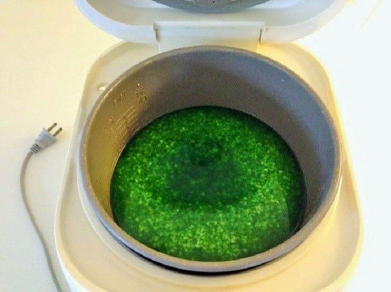 Cách nấu xôi lá dứa bằng nồi cơm điện thực hiện ngâm gạo với lá dứa