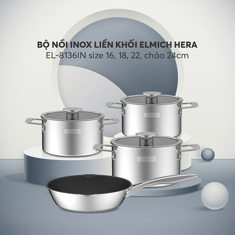 Thiết kế hiện đại - Bộ nồi inox liền khối Elmich Hera EL-8136IN size 16,18, 22cm, chảo 24cm