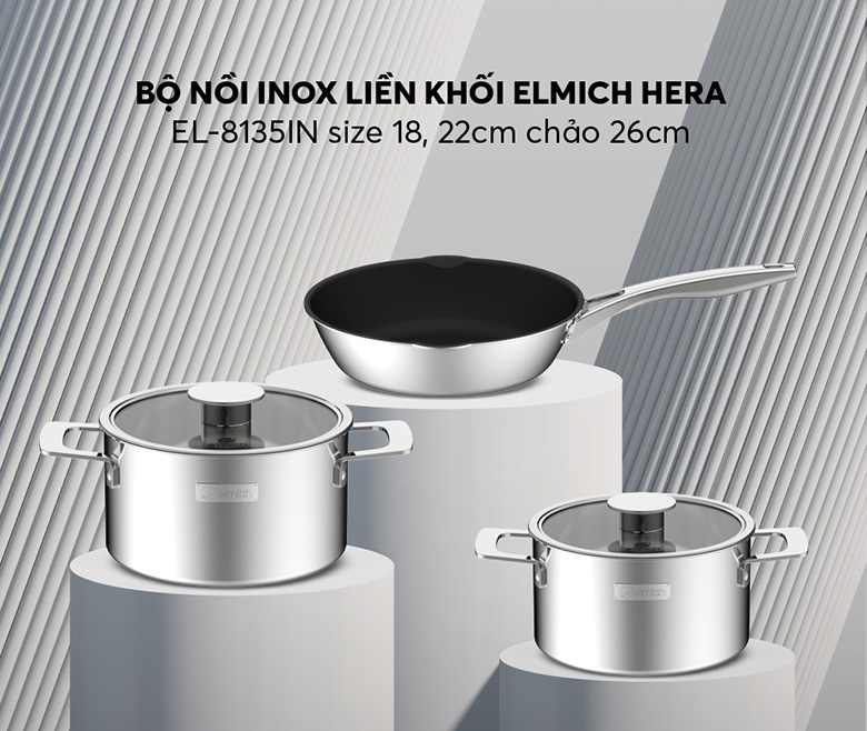 Thiết kế hiện đại - Bộ nồi inox liền khối Elmich Hera EL-8135IN size 18, 22cm, chảo 26cm