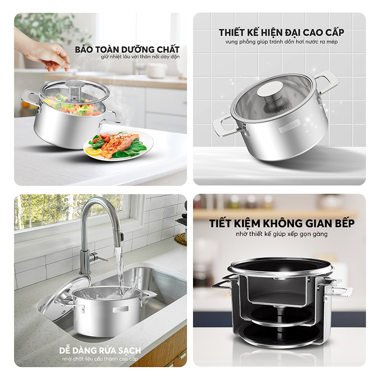 Đa năng, dễ sử dụng - Bộ nồi inox liền khối Elmich Hera EL-8135IN size 18, 22cm, chảo 26cm