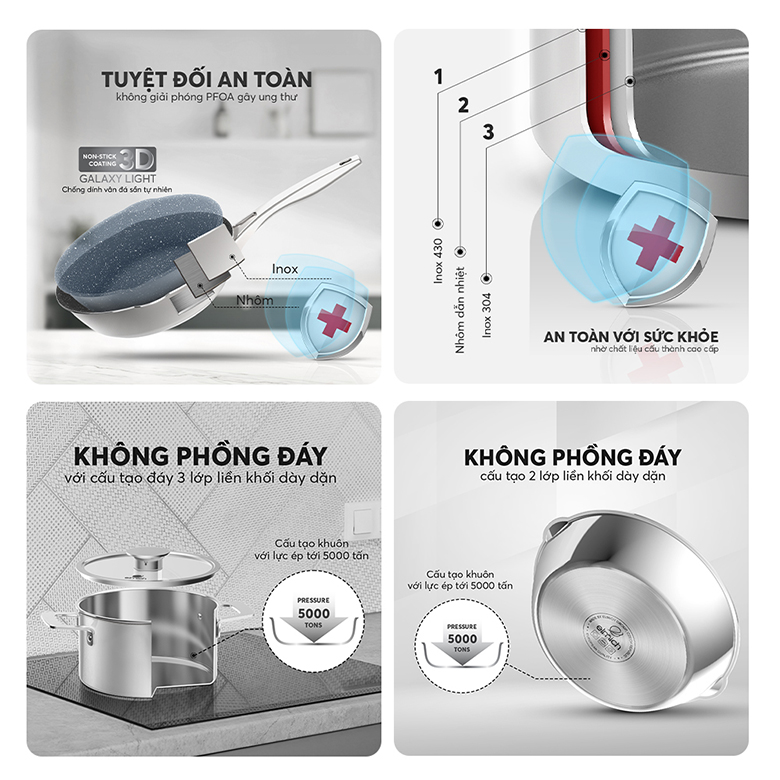 Chất liệu inox 304 - Bộ nồi inox liền khối Elmich Hera EL-8135IN size 18, 22cm, chảo 26cm