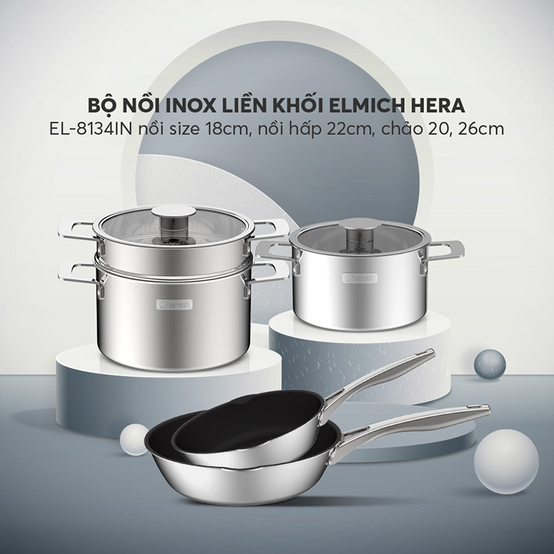 Bộ nồi liền khối -Bộ nồi inox liền khối Elmich Hera EL-8134IN size 18, nồi hấp 22cm, chảo 20, chảo 26cm