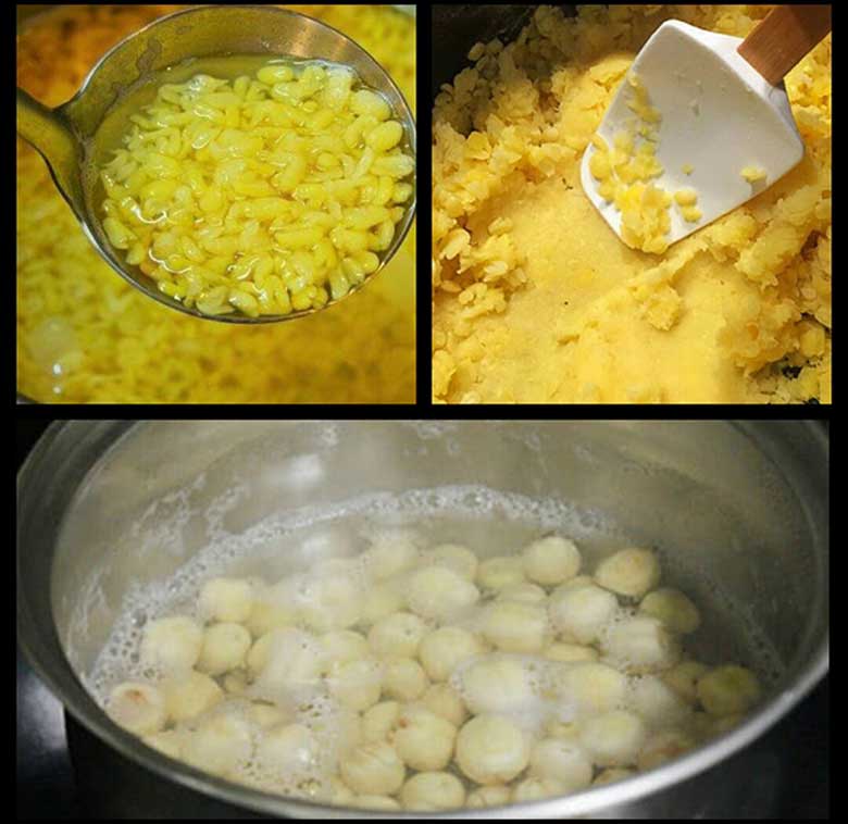 Cách nấu xôi cốm bằng nồi cơm điện tiếp theo nấu chín đậu xanh và hạt sen