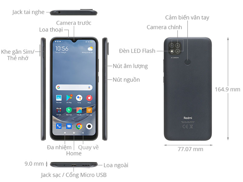 Kích thước - Điện thoại Xiaomi Redmi 9C 3GB/64GB Xám