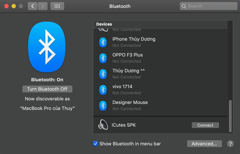 Kết nối loa bluetooth với MacBook chọn tên thiết bị loa kết nối