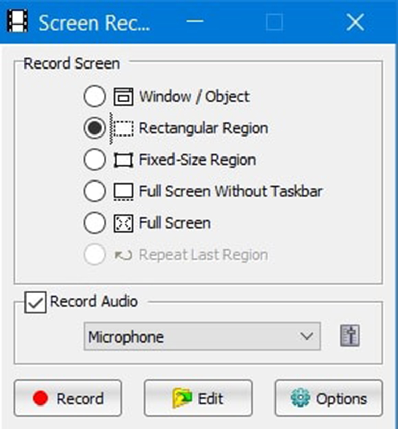 "Screen Recorder" hiện lên sẽ có các tùy chọn trên phần mềm chụp ảnh màn hình laptop FastStone Capture