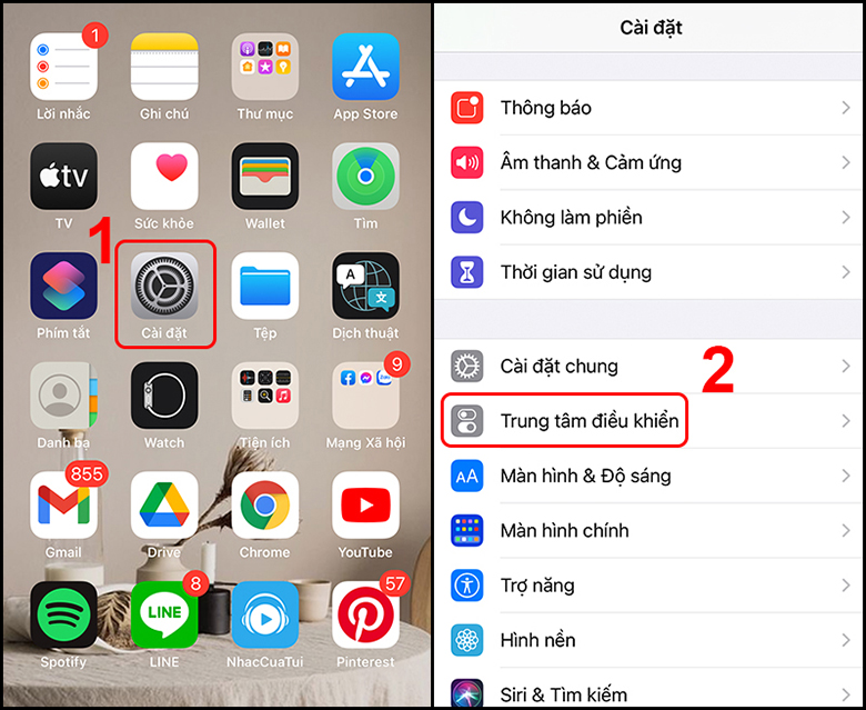 Cách ghi màn hình iPhone 6 đối với hệ điều hành iOS14 vào cài đặt chọn trung tâm điều khiển