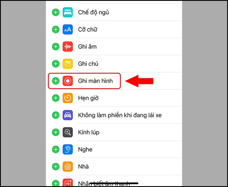 Cách ghi màn hình iPhone 6 đối với hệ điều hành iOS14 tiếp tục chọn ghi màn hình và nhấn +