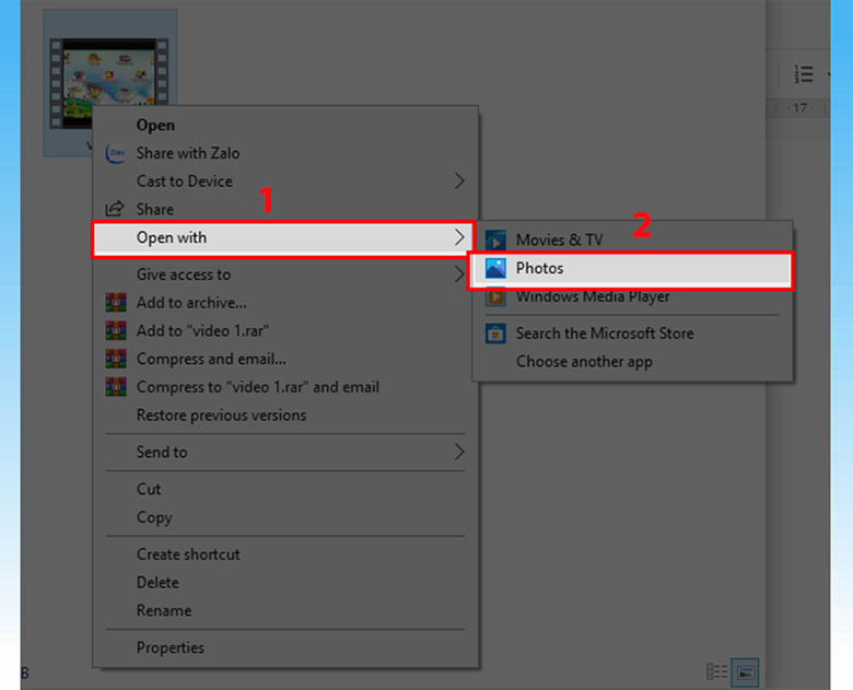 Cách cắt video trên laptop trên hệ điều hành Win 10 ấn chuột phải vào video muốn cắt chọn Open with, chọn Photos
