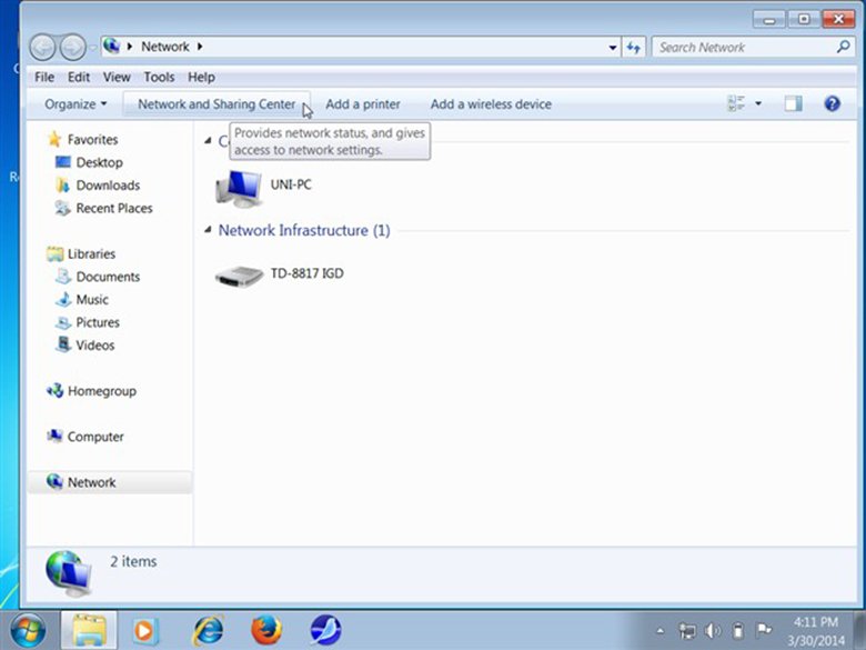 Phát wifi bằng laptop Win 7 tiếp tục chọn nhấn chuột trái vào mục Network and Sharing Center