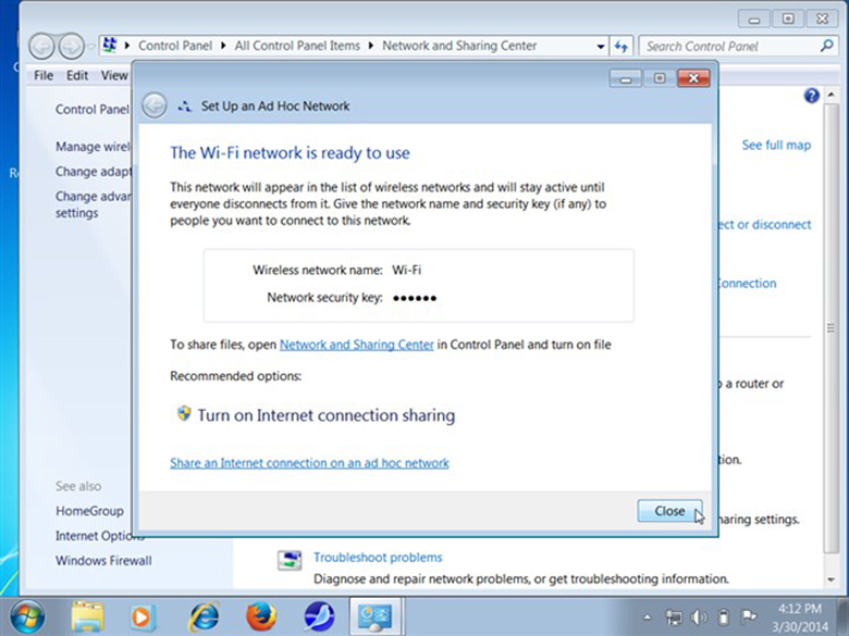 Chọn “Turn on Internet connection sharing” để kích hoạt khi dùng laptop phát wifi win 7