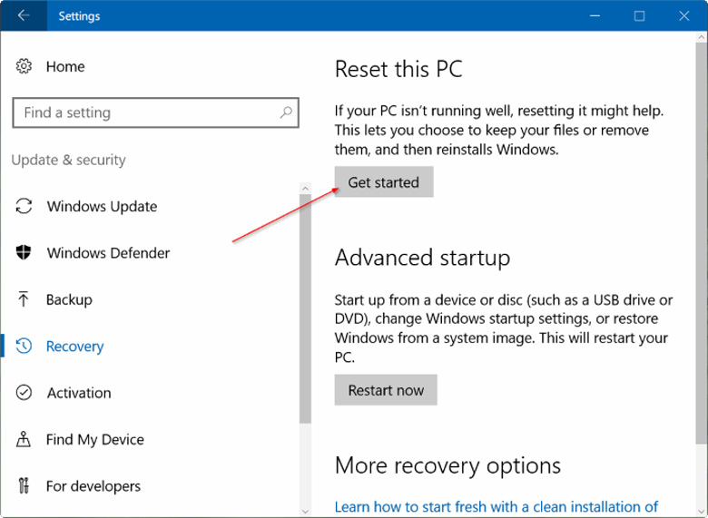 Cách reset laptop Win 10 bằng cách xóa hết dữ liệu chọn Update & security -> Recovery -> Get started ở mục Reset this PC