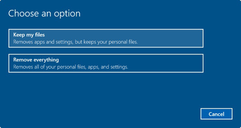 Cách reset laptop Win 10 bằng cách xóa hết dữ liệu trong Choose an option -> Chọn Remove everything (xóa tất cả)