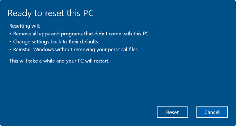 Cách reset laptop Win 10 giữ lại file tin cuối cùng chọn Reset