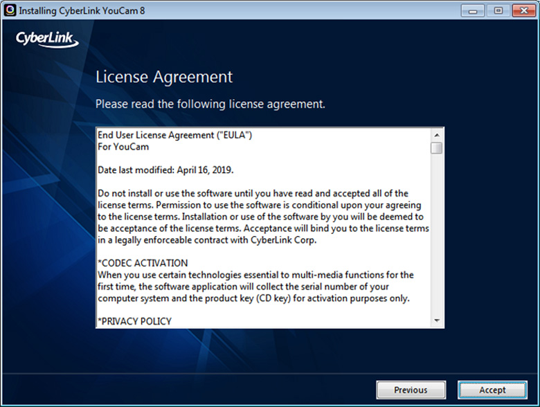 Cách bật camera laptop Win 7 cài CyberLink tiếp tục ấn Accept